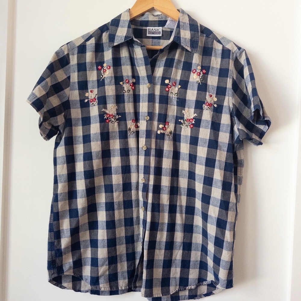 VTG Blue Gingham Embroidered Shirt Womens L Cottage Granny‎ Boho Floral Picnic